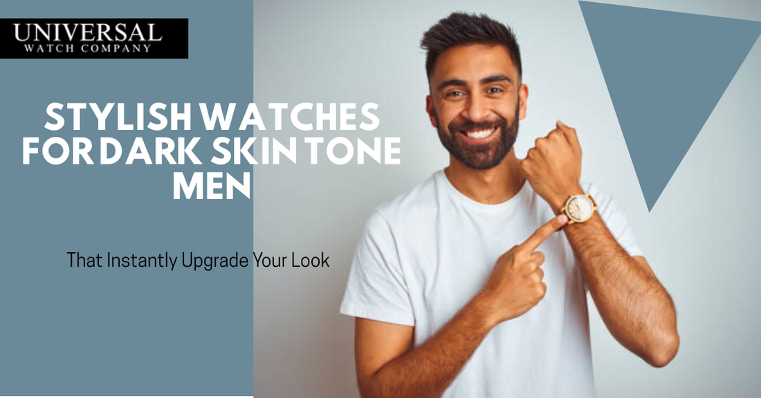 A stylish brown-skinned man confidently showcasing a luxury wristwatch, highlighting how accessories enhance dark skin tones.