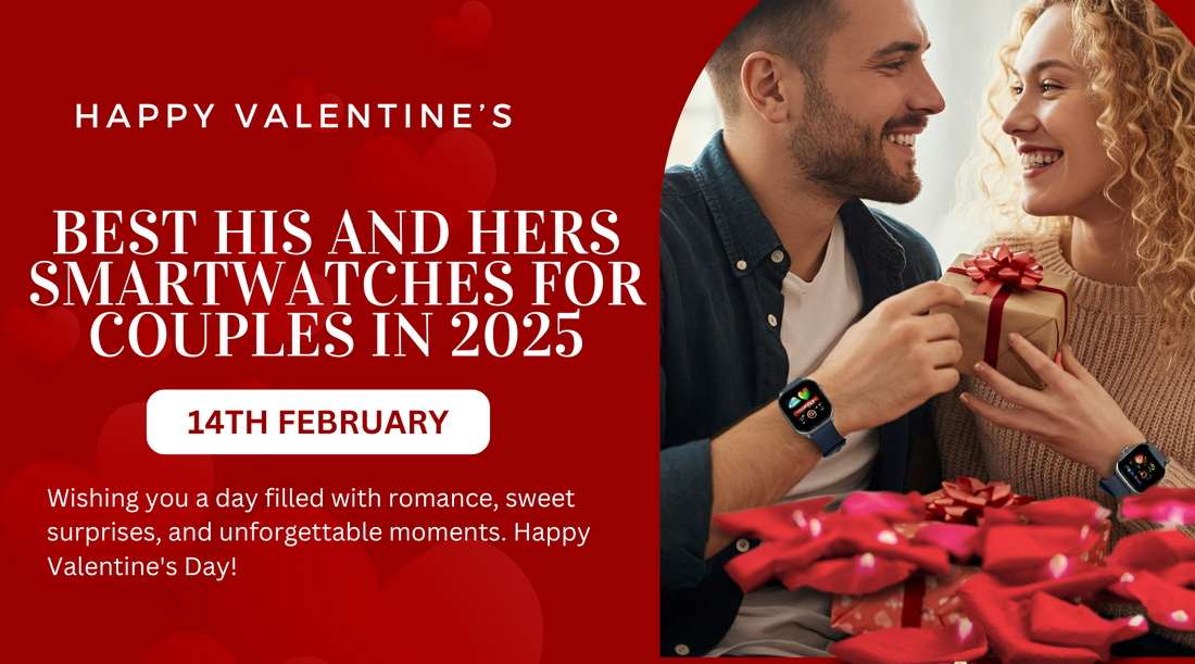 A happy couple wearing matching smartwatches, symbolizing connection and style.