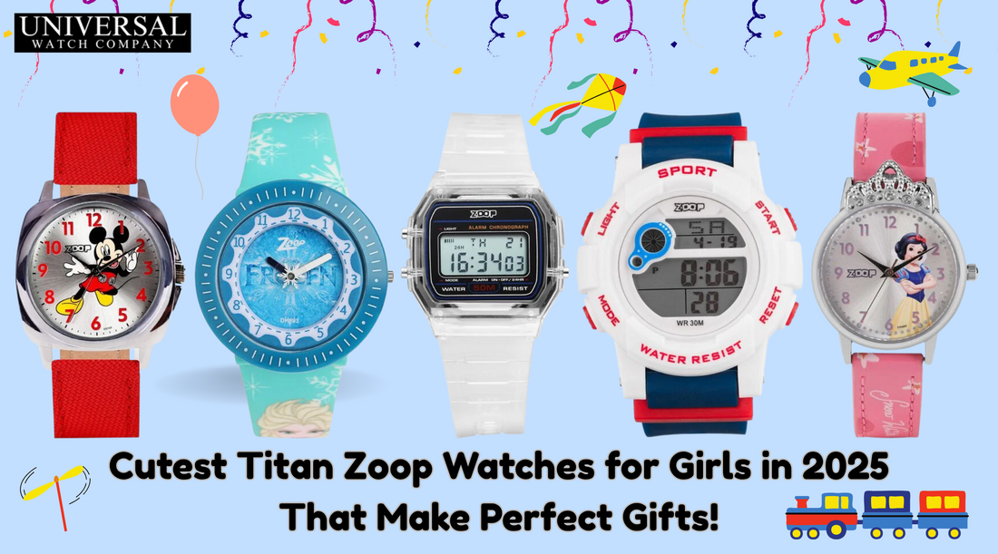 Colorful Titan Zoop watches for girls with pink, unicorn, and floral designs displayed on a pastel background, perfect gift options for kid girls in 2025.