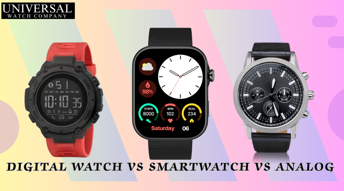 Smartwatch, digital watch, and analog watch side by side.