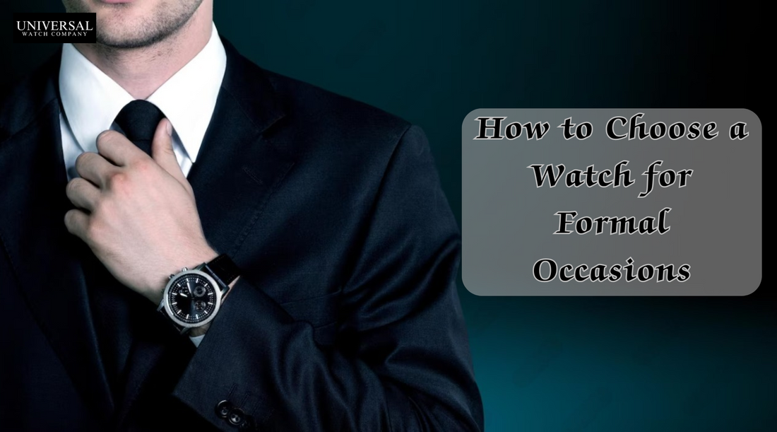 A close-up of a man wearing a sleek dress watch with a black leather strap and silver dial, paired with a tailored dark suit—perfect example of a formal wristwatch style.