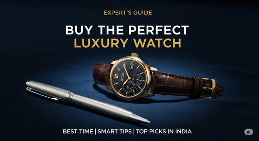 A man browsing luxury watches in a premium watch boutique in India, showcasing elegant timepieces under spotlights.