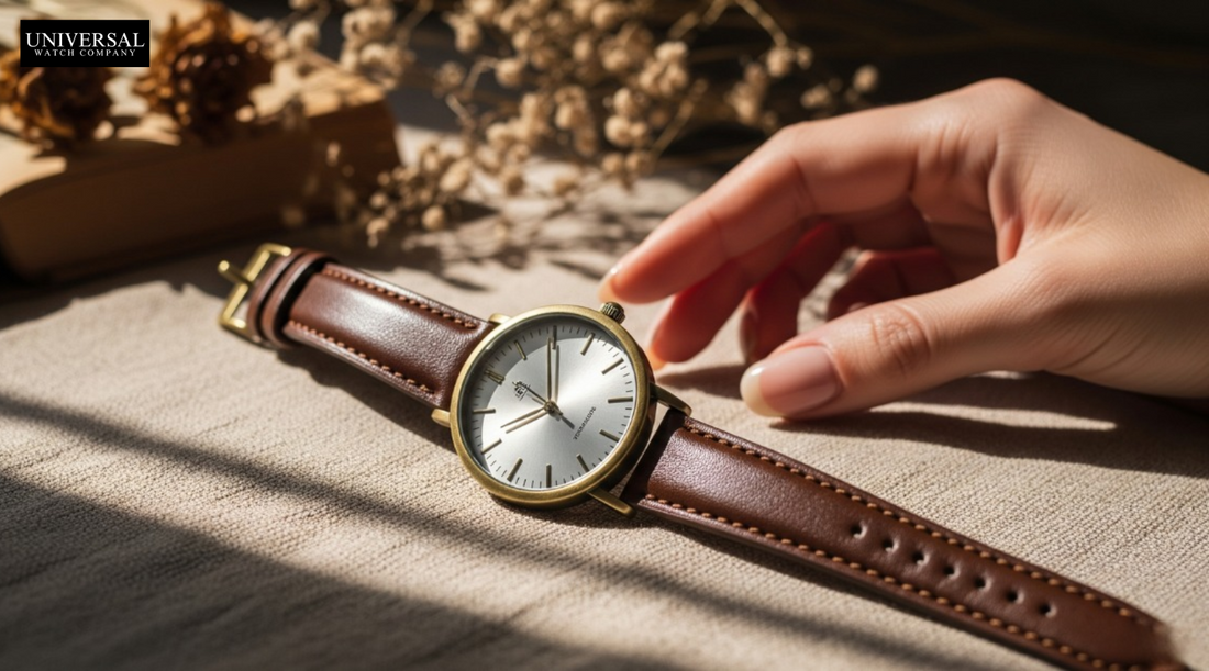 Vintage 1970s Timex Women’s Watch with Brass Case and Brown Leather Strap – Timeless Elegance