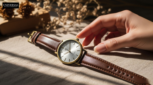 Vintage 1970s Timex Women’s Watch with Brass Case and Brown Leather Strap – Timeless Elegance
