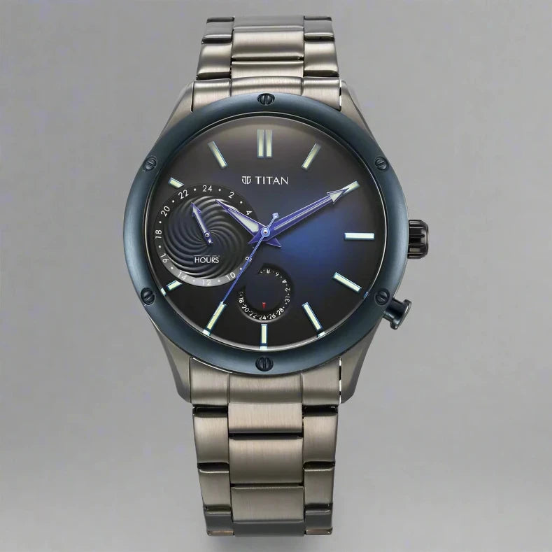 A stylish Titan men's watch featuring a black dial, a durable stainless steel strap, and a bold analog design, perfect for modern elegance and versatile wear.
