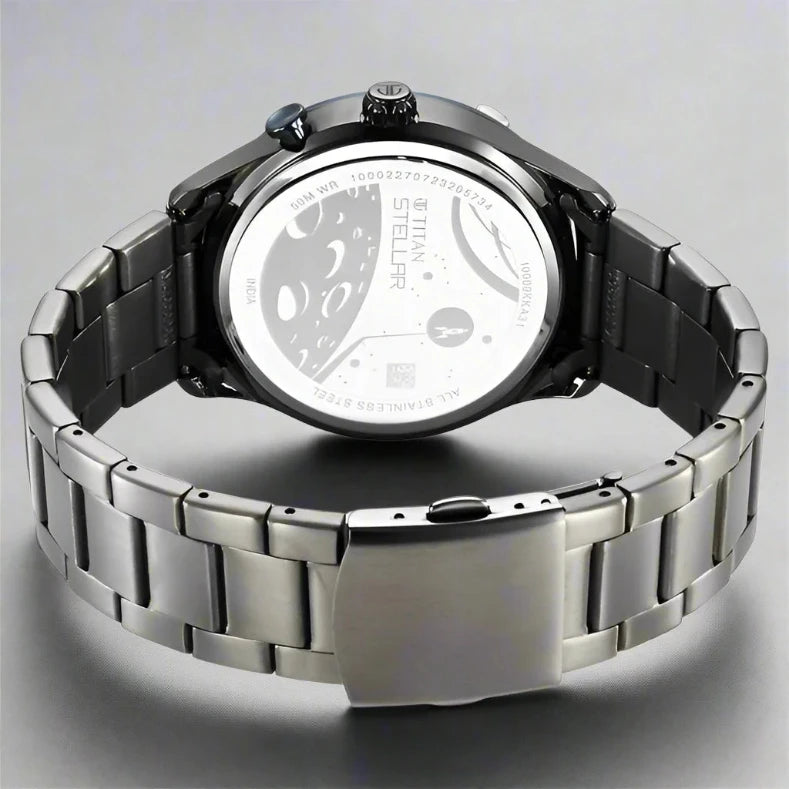 A stylish Titan men's watch featuring a black dial, a durable stainless steel strap, and a bold analog design, perfect for modern elegance and versatile wear.