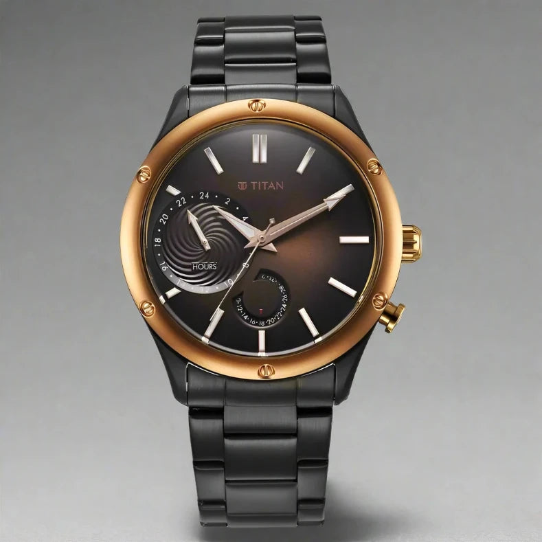 A sophisticated Titan men's watch with a blue dial, a durable stainless steel strap, and a refined analog design, perfect for both formal and casual occasions.