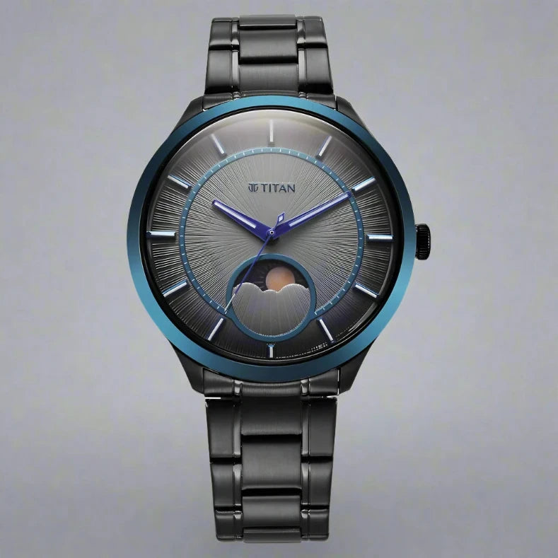 A sleek and modern Titan men's watch featuring a black dial, a durable stainless steel strap, and a refined analog design, perfect for both formal and casual occasions
