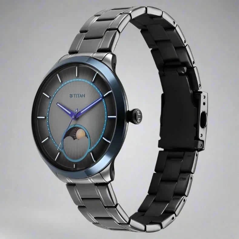 A sleek and modern Titan men's watch featuring a black dial, a durable stainless steel strap, and a refined analog design, perfect for both formal and casual occasions