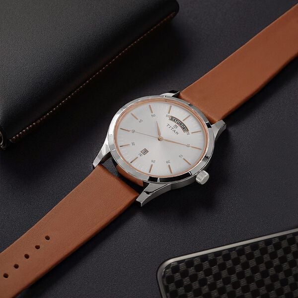Titan On Trend White Dial Analog with Day and Date Leather Strap watch for Men 1767SL01