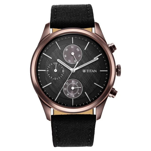 TITAN 1805QP01 Titan Men's Infinity Chrono watch: Precise Black Dial, Rose Gold Highlights, Durable Leather Strap
