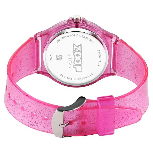 Back View Of Zoop Glitter Analog Watch with pink glitter dial and pink translucent strap for girls, kids watch from House of Titan