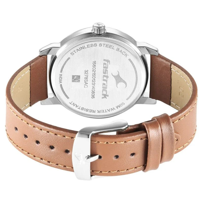 Fastrack 3278SL03 men's analog watch featuring a sleek blue dial, silver-tone stainless steel case, and a durable silver mesh strap. A modern and sophisticated timepiece for any occasion.