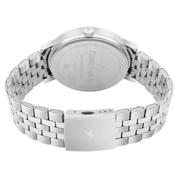 Fastrack 3299SM01 men's analog watch with a bold black dial, silver-tone stainless steel case, and a stylish black leather strap. A modern, sporty timepiece perfect for any occasion.