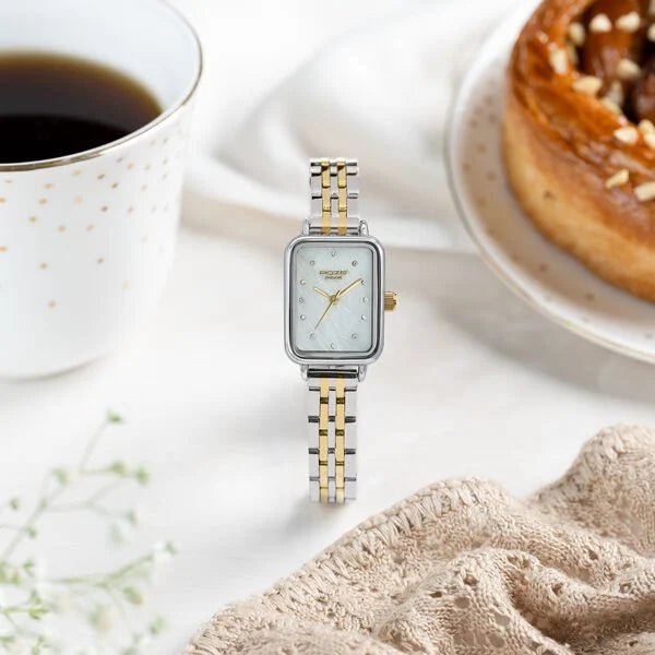 sp80133bm01 Sonata Poze Quartz Analog Mother of Pearl Dial Two Toned Metal Strap Watch For Women