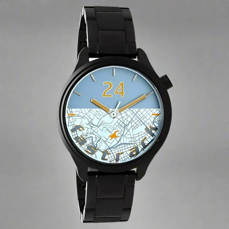 Fastrack 6188NM02 men's analog watch featuring a bold black dial, black stainless steel case, and a matching black metal strap. A sleek and stylish timepiece for a modern look.