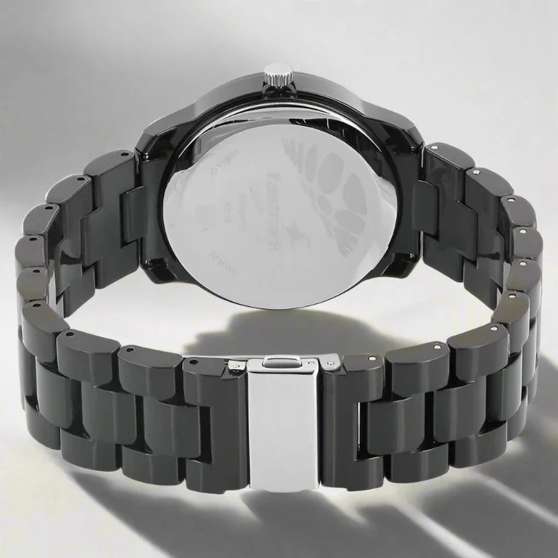 Fastrack 68006PP01 men's digital watch with a bold black dial, durable black plastic case, and a comfortable black silicone strap. A sporty and rugged timepiece for an active lifestyle.