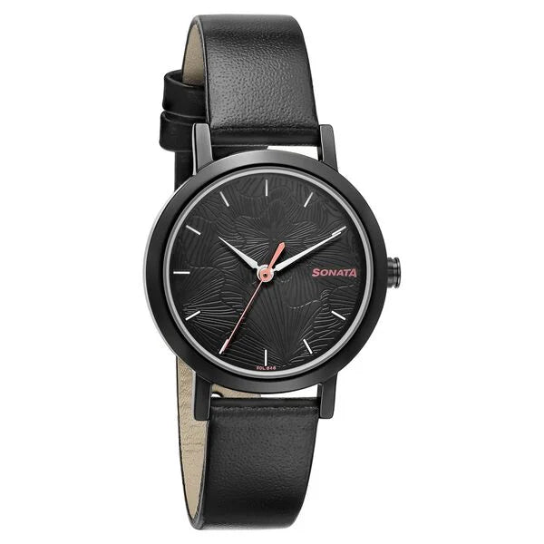 Sonata Linnea Black Dial Women Watch With Leather Strap 8174NL01