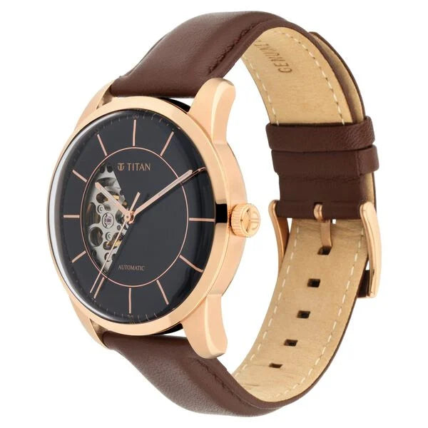 A chic Titan women's watch featuring a soft pink dial, a stylish brown leather strap, and an elegant analog design, perfect for everyday sophistication and special occasions.