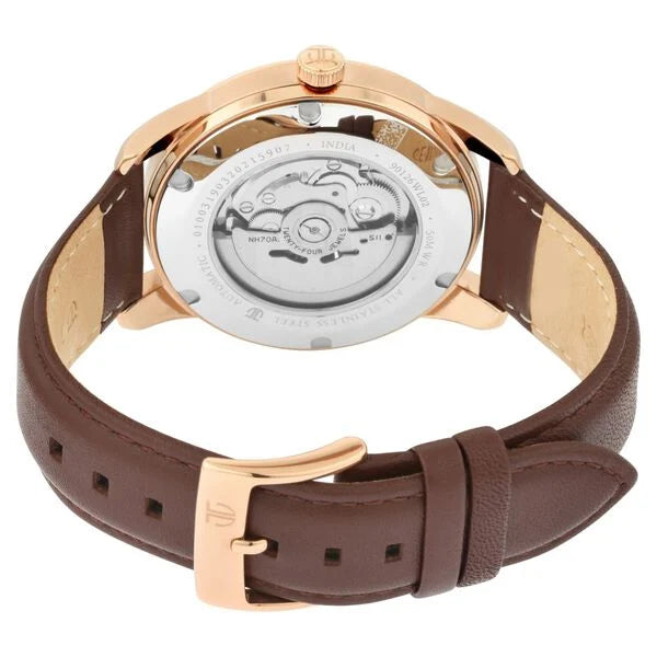 A chic Titan women's watch featuring a soft pink dial, a stylish brown leather strap, and an elegant analog design, perfect for everyday sophistication and special occasions.