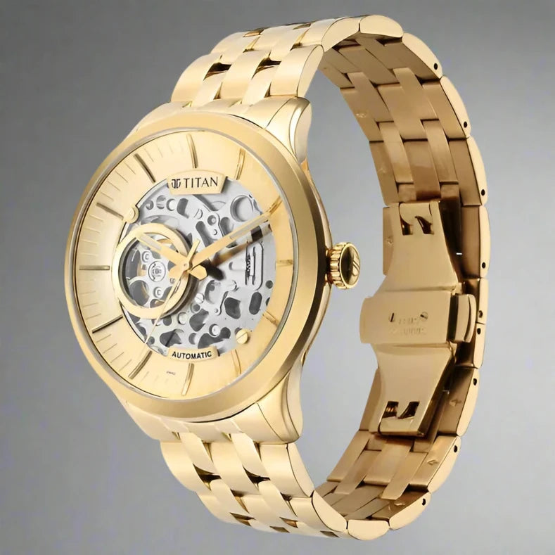 A graceful Titan women's watch with a champagne dial, gold-tone stainless steel strap, and a timeless analog design, perfect for both everyday elegance and special occasions.