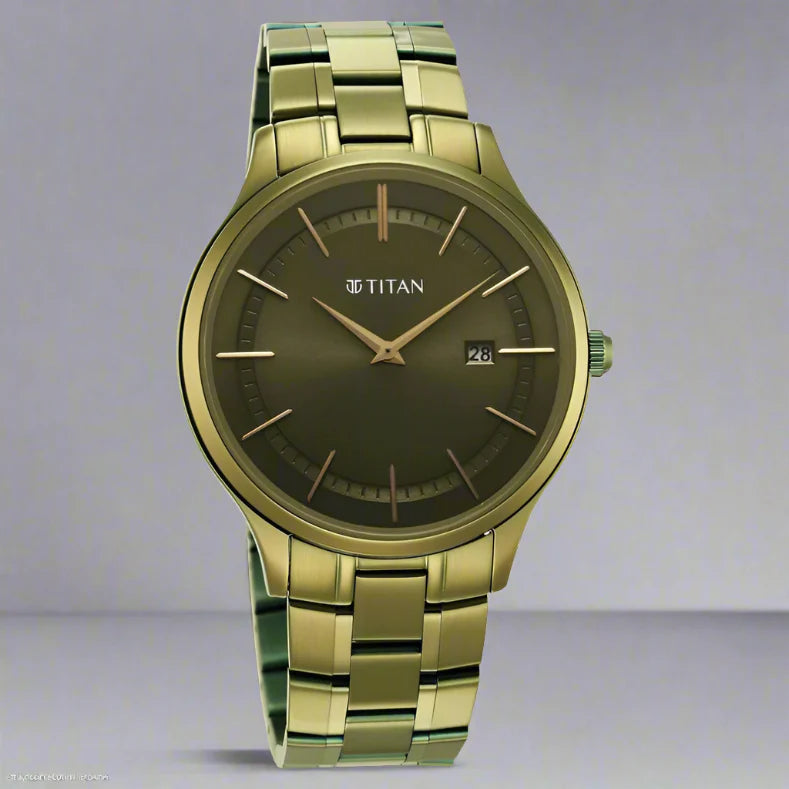 The Titan Classique Slimline Green Dial Analog with Day and Date Stainless Steel Strap Watch for Men is a sophisticated and stylish timepiece that combines modern features with timeless elegance. Key features of this watch include: