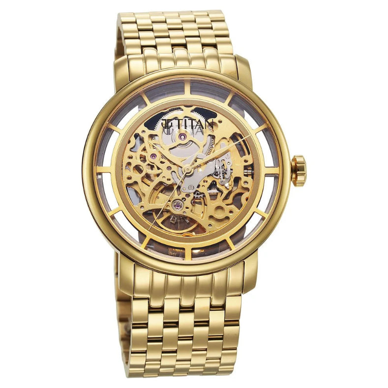 A sophisticated Titan women's watch featuring a champagne dial, gold-tone stainless steel strap, and a timeless design, perfect for both traditional and modern outfits.