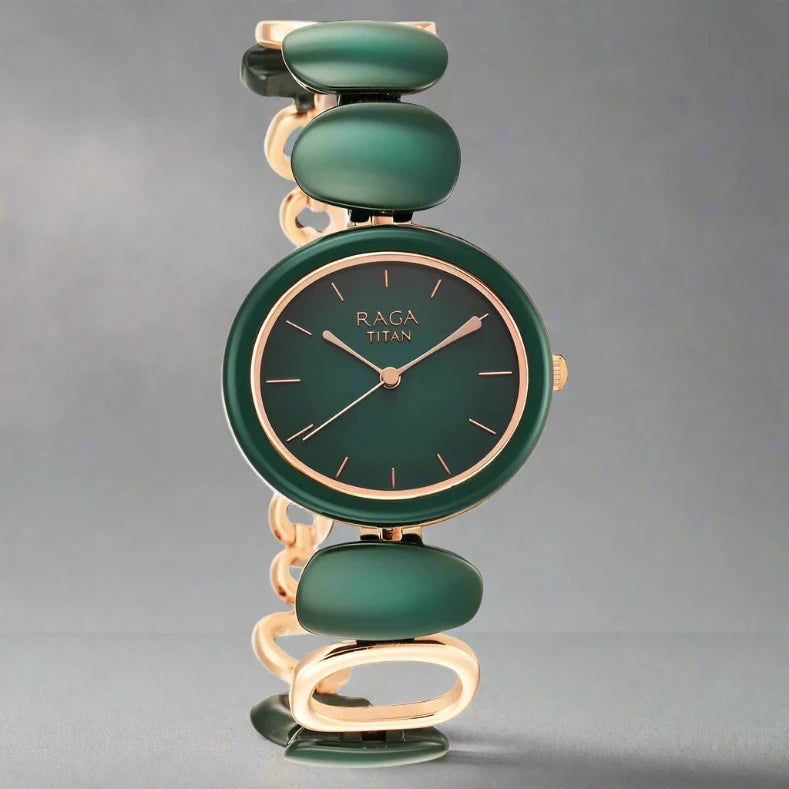 An elegant Titan women's watch featuring a dual-tone stainless steel strap, a sleek black dial, and a classic analog design, perfect for adding a touch of sophistication to any outfit