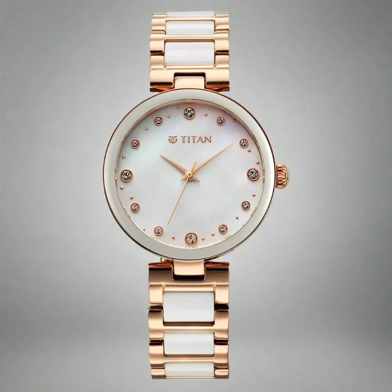 A stylish Titan women's watch with a dual-tone stainless steel strap, a sleek black dial, and an elegant analog design, perfect for both formal and casual occasions