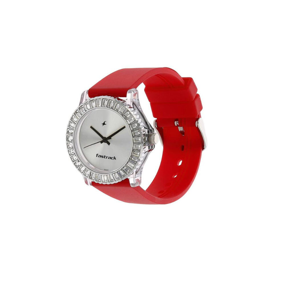 Fastrack 9827PP08 men's analog watch featuring a sporty black dial, durable black plastic case, and a comfortable black silicone strap. A bold and casual timepiece for everyday wear.