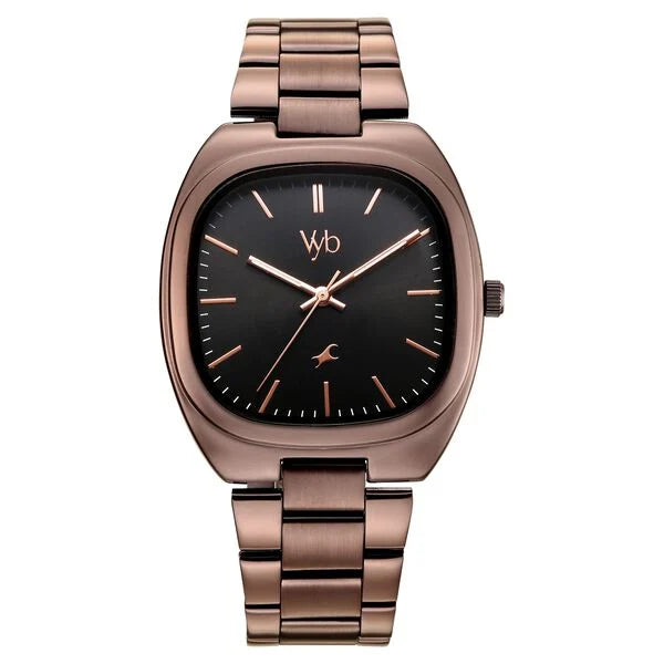 FV30004QM02W Vyb Aviator By Fastrack Quartz Analog Black Dial Brown Stainless Steel Strap Watch For Guys