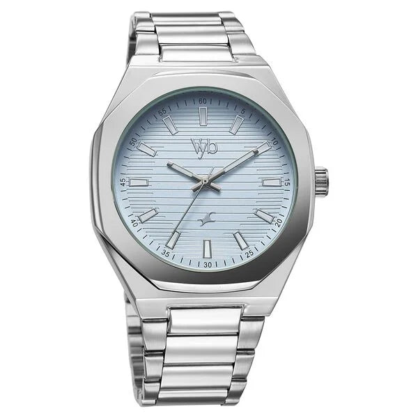 Silver watch with a light blue face Trendy quartz design FV30012SM01 Fastrack VYB
on a white background