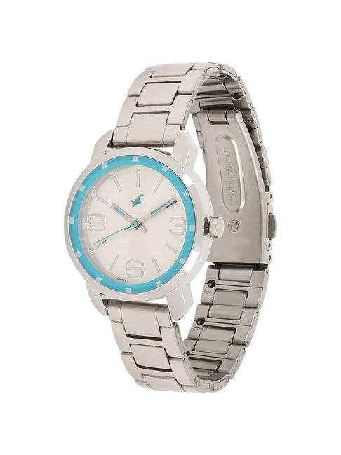 Fastrack 6111SM01 women's analog watch with a sleek black dial, silver-tone stainless steel case, and a stylish silver metal strap. A modern and elegant timepiece perfect for everyday wear.