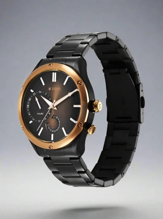 A sophisticated Titan men's watch with a blue dial, a durable stainless steel strap, and a refined analog design, perfect for both formal and casual occasions.