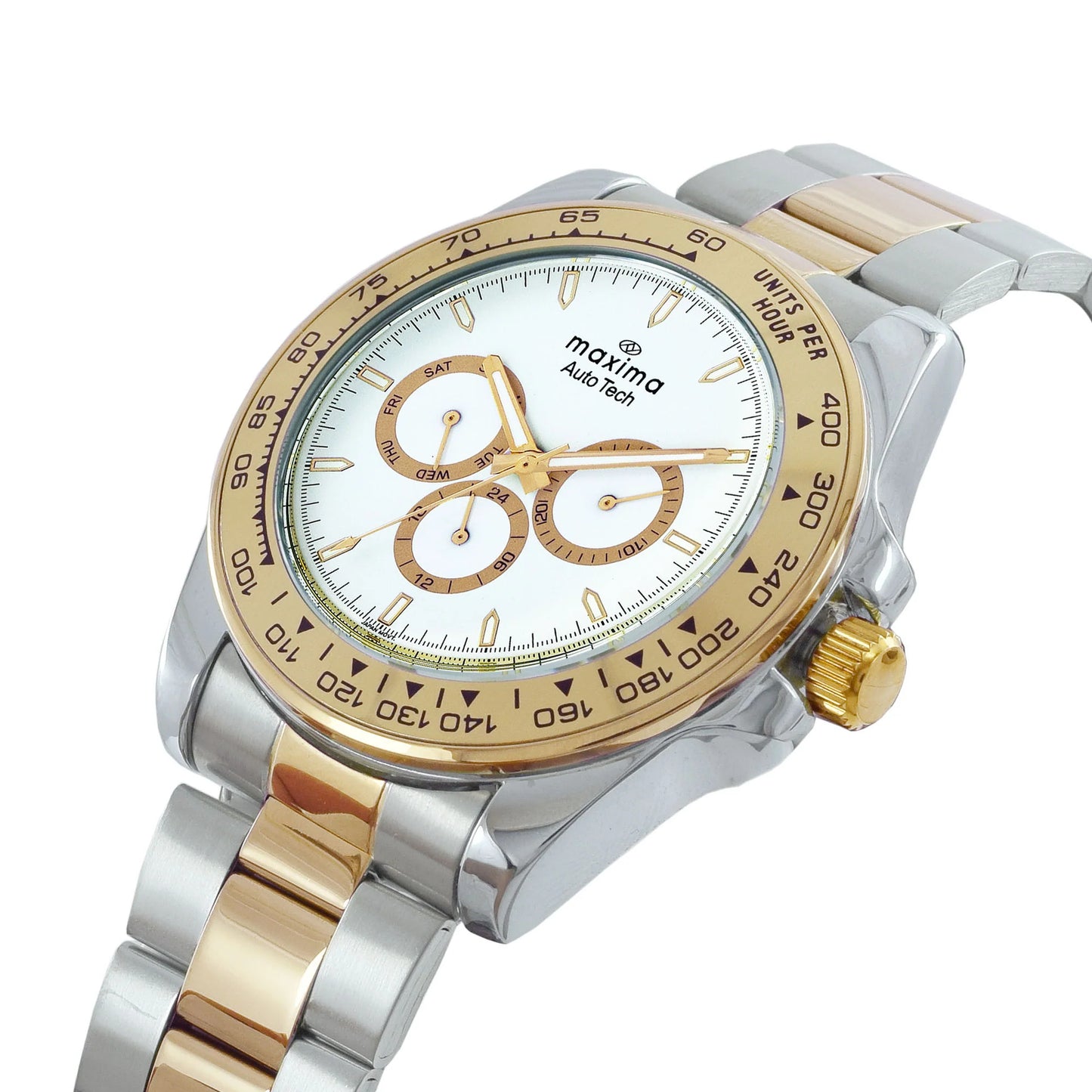 Elegant Maxima Apex Collection wristwatch with day-date display, fold-over clasp, and 1-year warranty from Maxima.
