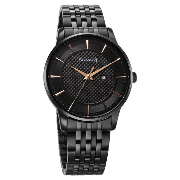 Sonata 77153NM01 Quartz Analog Black Dial Watch for Men Universal Watch Company