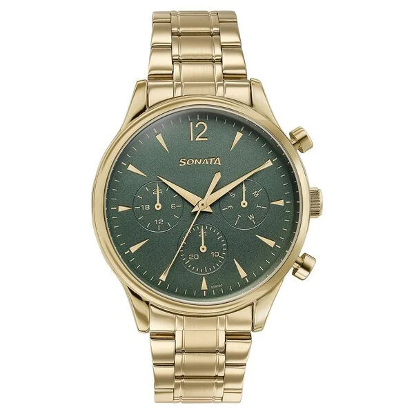 Sonata 77146YM02 men's analog watch with gold-plated stainless steel strap and elegant white dial – premium Sonata watch online in India