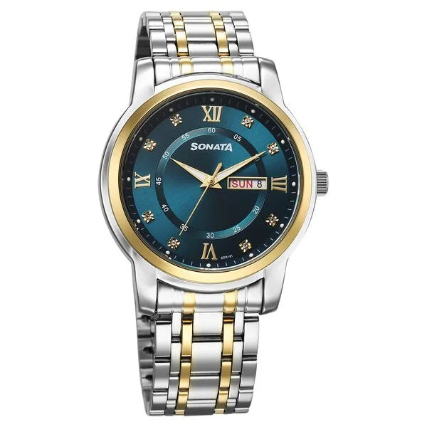 Sonata 77157BM01 men's analog watch with two-tone stainless steel strap and elegant black dial – premium Sonata watch online in India