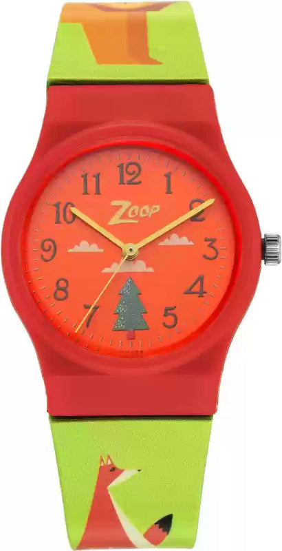Titan Zoop wrist watch NSC3028PP12W with bright orange dial and floral strap for girls.