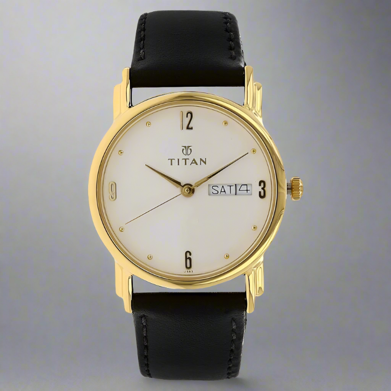 TITAN 1445YL05 is a stylish titan black watch for men with a premium leather strap and minimalist black dial face