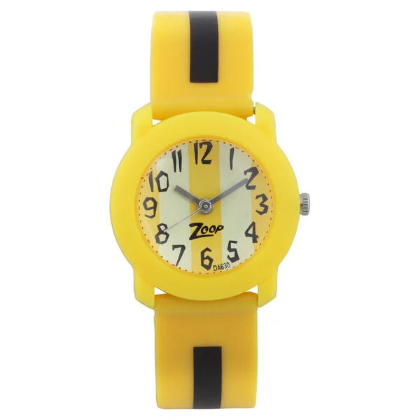 A Zoop by Titan Quartz Analog Yellow Dial PU Strap Watch for kids with a bold yellow band and dial, along with black accents.