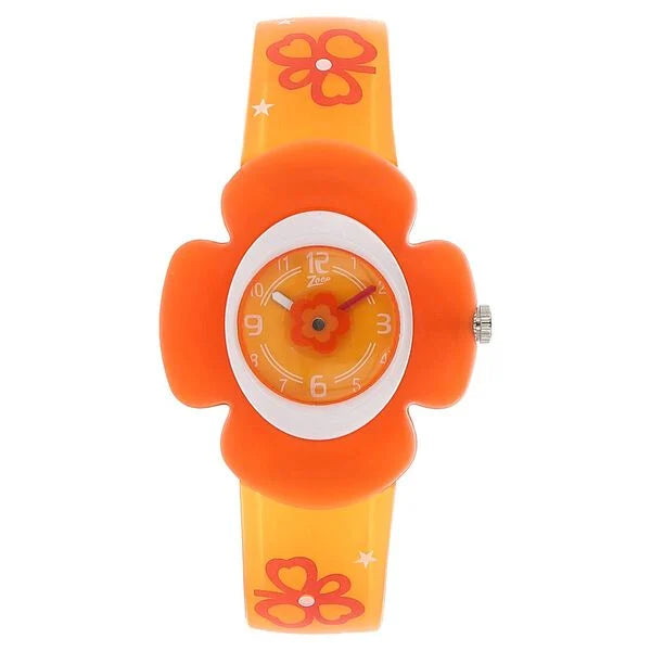 The unique orange floral case detail adds a charming touch in this Titan Zoop kids watch