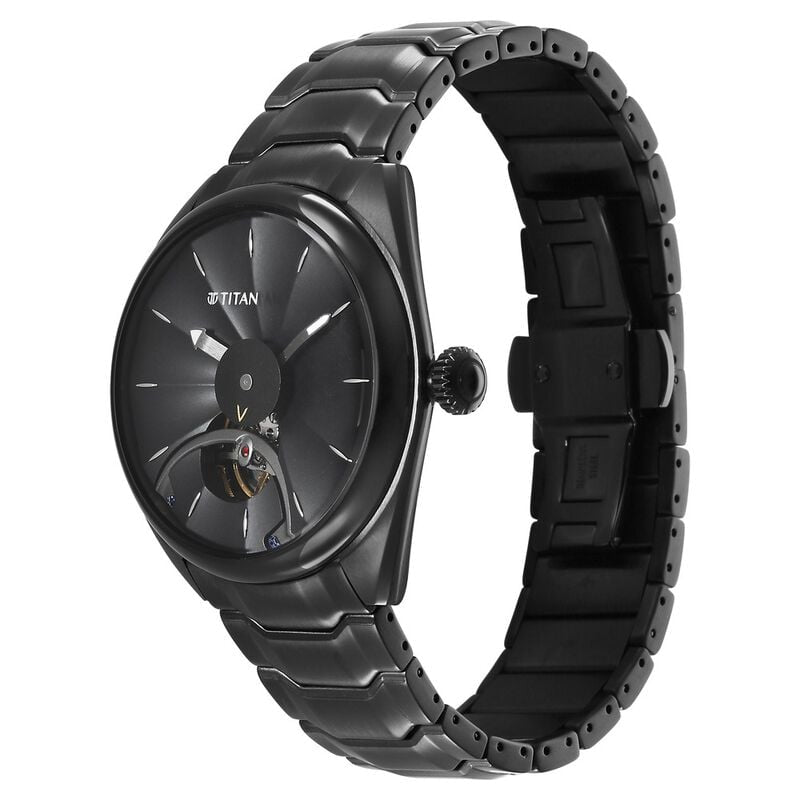 Side View Of Titan NS10011NM01 Stellar Automatic Black Dial Stainless Steel Strap Watch for Men, featuring a 3D involute dial, shuttle-inspired indices, and an open-heart automatic movement.