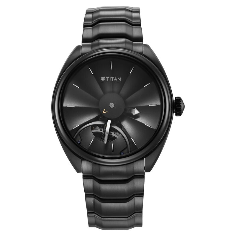 Titan NS10011NM01 Stellar Automatic Black Dial Stainless Steel Strap Watch for Men, featuring a 3D involute dial, shuttle-inspired indices, and an open-heart automatic movement.