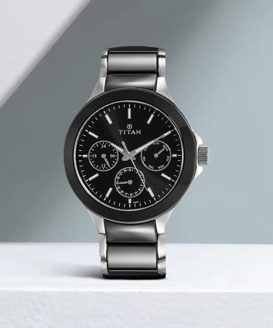 Titan NS90089KD01A Ceramics Black Dial Quartz Multifunction Watch for Men with Stainless Steel & Ceramic Strap.