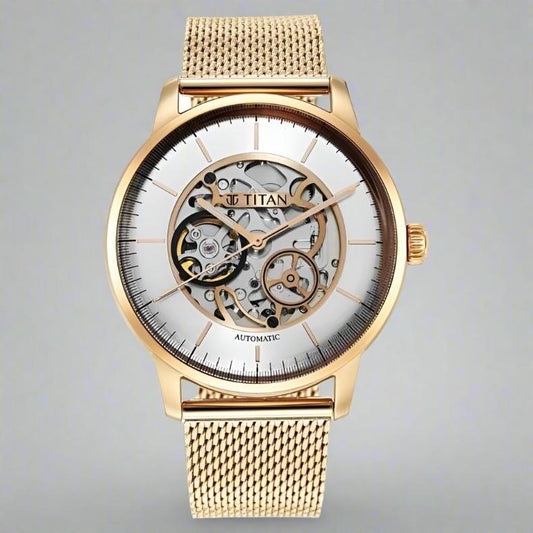 Titan NS90110WM01 Mechanical Silver Dial Analog Stainless Steel Strap Watch for Men, featuring a sleek silver dial, stainless steel case, and push-button clasp.