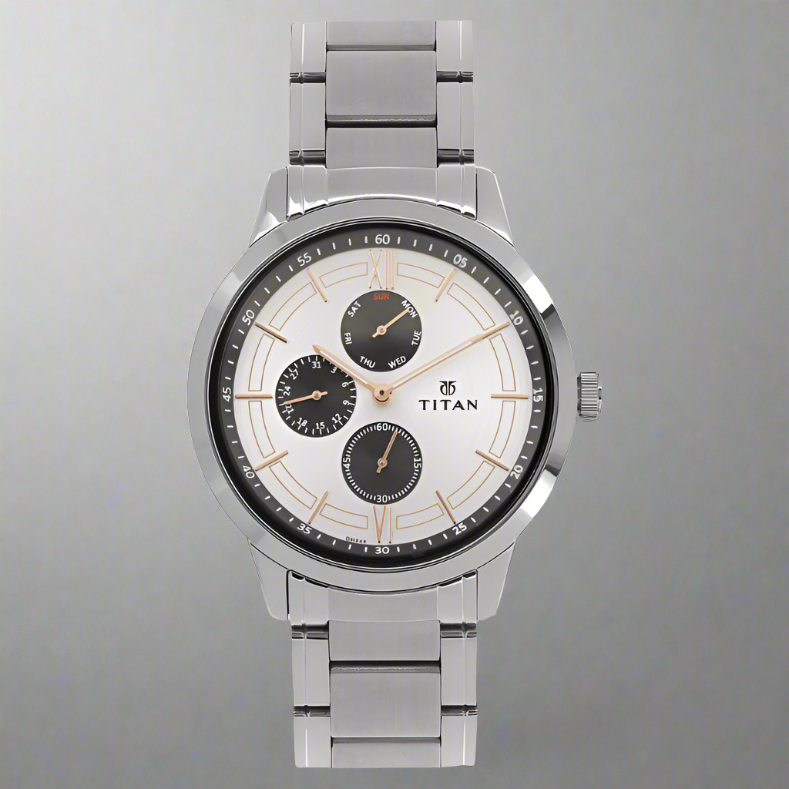 Titan NT1769SM02 Workwear White Dial Quartz Multifunction Stainless Steel Strap Watch for Men with a sleek silver-tone case, rosegold indices, and a dual-tone metal strap.