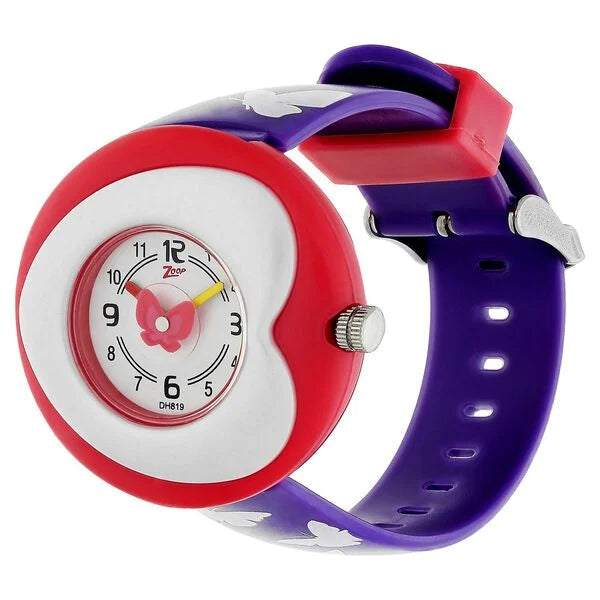 Close-up of Titan Zoop wrist watch for girls featuring a playful analog display and kid-friendly design.