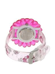 Close-up of the dial on titan zoop watch time set with colorful plastic strap for kids.