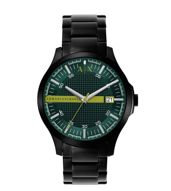 Close View Of A/X Armani Exchange AX2407 Hampton Analog Watch for Men featuring a sleek black dial, stainless steel case, and black stainless steel band. Water-resistant up to 50 meters with quartz movement and date function.